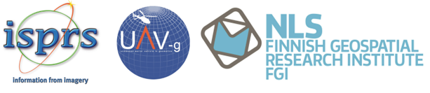 ISPRS: Information from imaginery, UAV-g and National land survey of Finland Finnish Geospatial research institute FGI logos for UAV-g 2025 conference. Uncrewed Aerial Vehicles in Geomatics. 